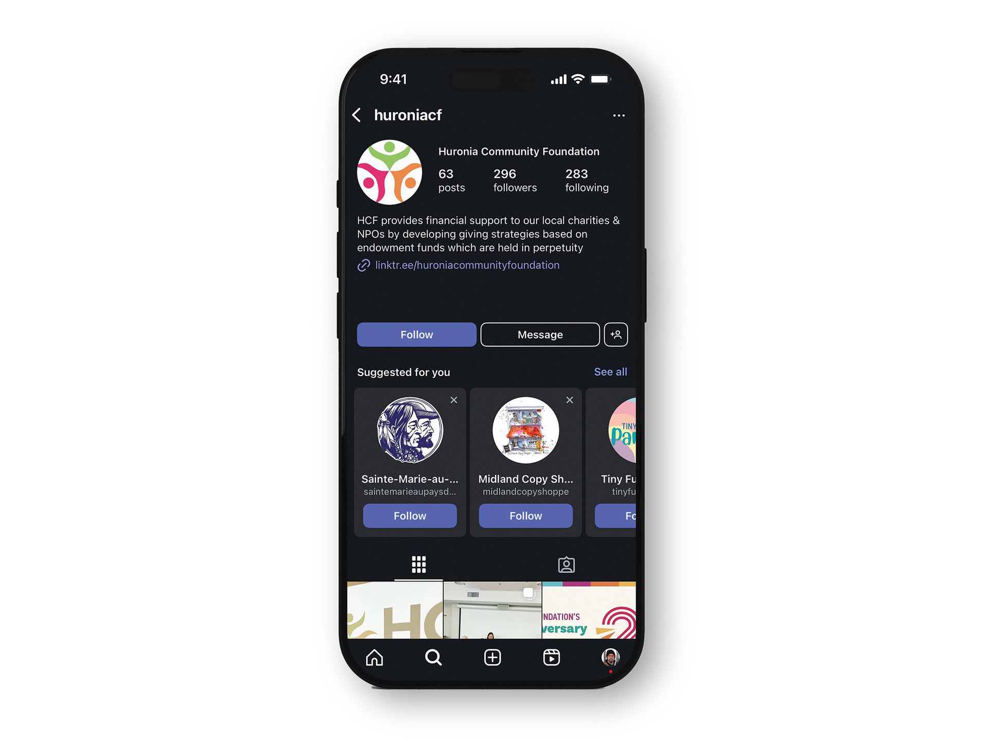 phone with website design mockup of huronia community foundation