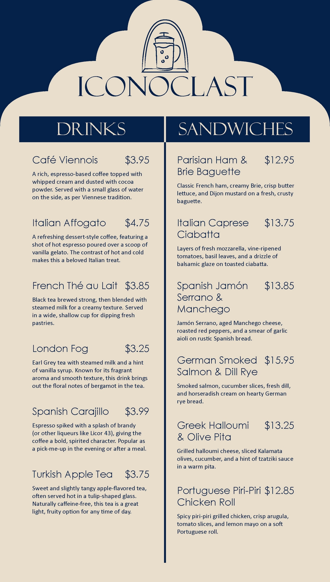 Coffee shop menu page 1